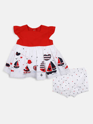 Girls White & Red Printed Dress with Panties