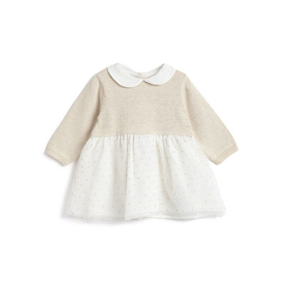 Girls Light Natural Polka Dot Long Sleeve Dress