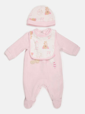 Gift Box-3 Pcs- Velour Babysuit Bib And Hat (Pink)