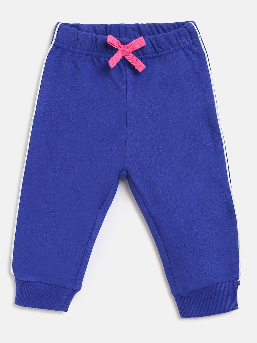 Girls Medium Blue French Terry Sweatpants-Pink