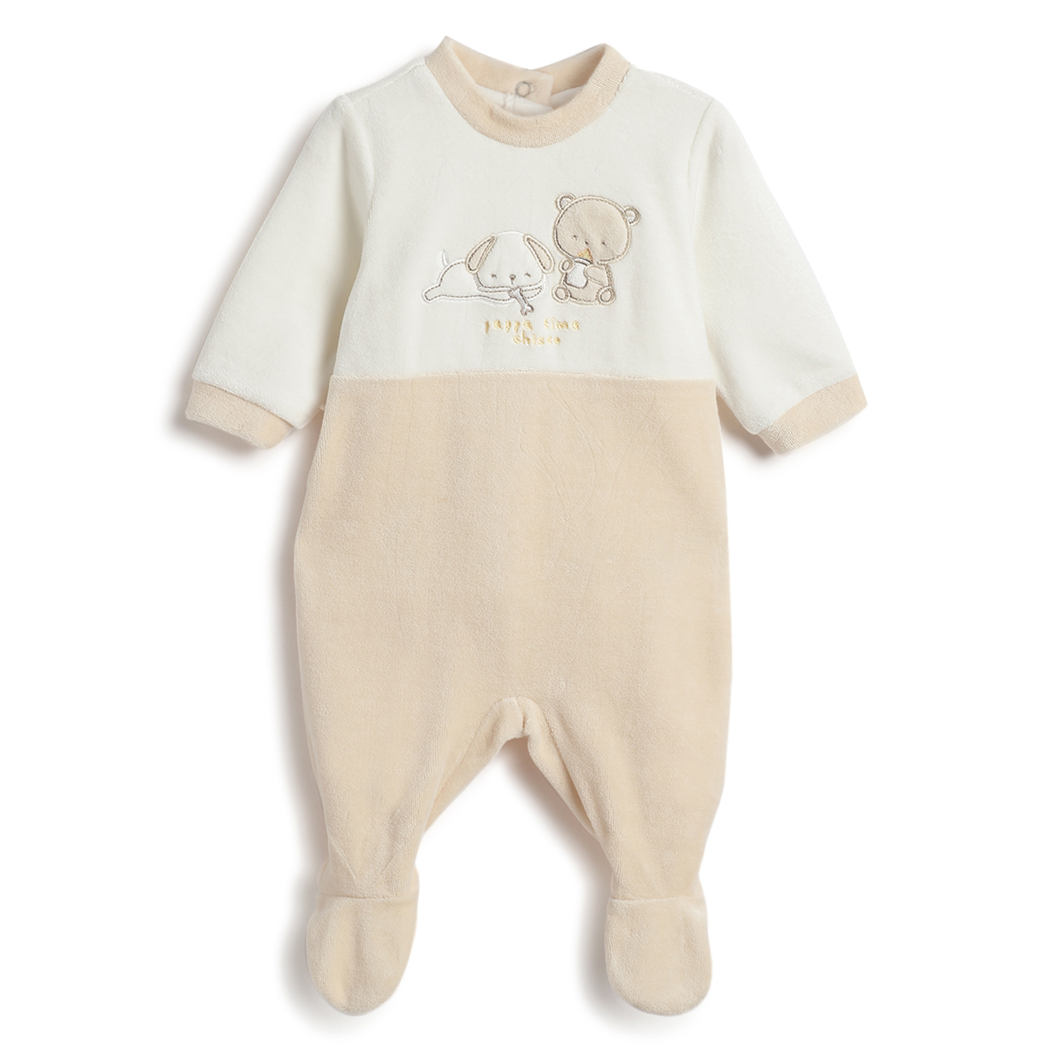 Boys Light Blue Embroidered Nappy opening Babysuit-Beige