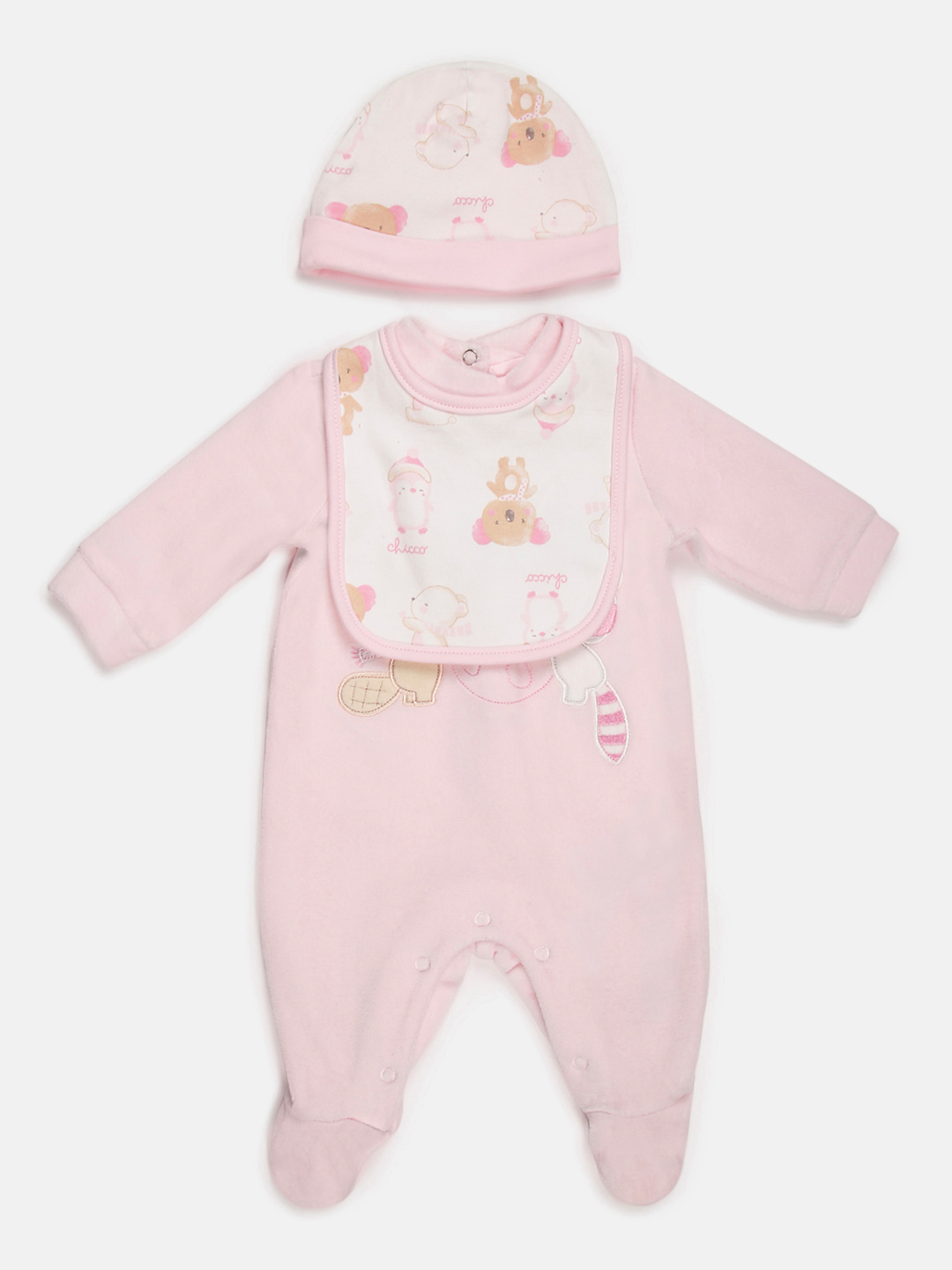 Gift Box-3 Pcs- Velour Babysuit Bib And Hat (Blue)-Pink